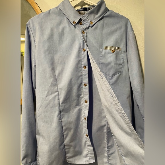 Doublju Unisex Blue Cotton Button Down Shirt with Checker Print - Picture 2 of 6